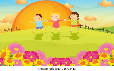 illustration of kids and landscape in a beautiful nature