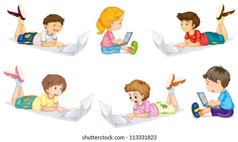 illustration of a kids with laptop on a white