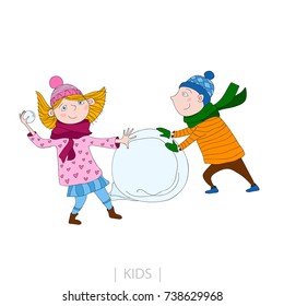 Illustration of kids are laughing and playing. Little Boy is making big snowball for snow man and little girl is throwing snowball