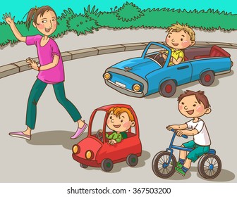 Illustration of Kids learning driving. Isolated objects on white background. Great illustration for School books, Magazines, Advertising and more. VECTOR.
