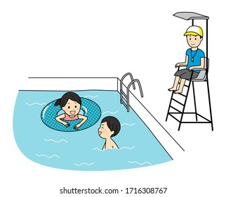 illustration of kids and life guard in the pool