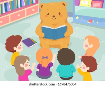 Illustration of Kids Listening to a Big Cute Bear Toy Reading a Book