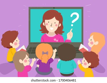 Illustration of Kids Listening to a Girl Teacher on Laptop Screen for Online Discussion