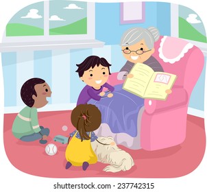 Illustration Of Kids Listening To Their Grandmother Tell A Story