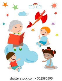Illustration of Kids Listening to Their Grandmother Tell a Story, open book with dragon, Imagination ,Vector Illustration