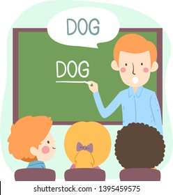 Illustration of Kids Listening to their Teaching Reading the Word in the Blackboard