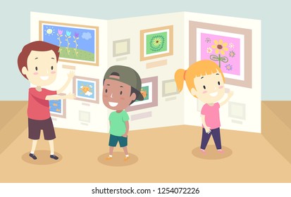 Illustration Of Kids Looking At Different Art Displays In An Art Gallery