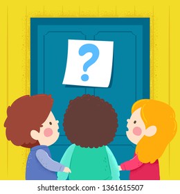 Illustration Of Kids Looking At A Door With Question Mark On A Posted Note