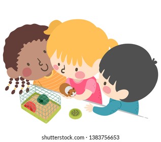 Illustration of Kids Looking at a Hamster Pet in the Classroom