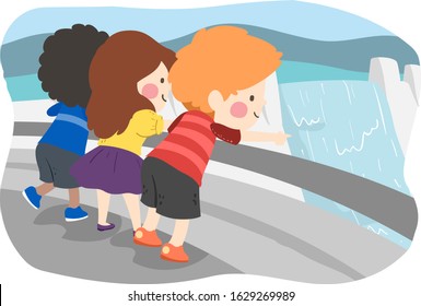 Illustration of Kids Looking Over a Dam While SightSeeing