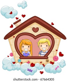 Illustration of Kids Looking From the Window of a Heart-shaped House