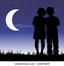 illustration of kids in love under the moon