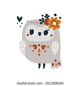 Illustration for kids with lovely owlet. Cute baby owl with flower wreath isolated on white background. Childish print with cute chick bird.  Ideal for cards, anniversary, party invitation