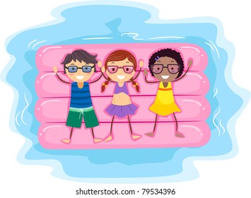 Ilustración de niños que yacen en un balde inflable