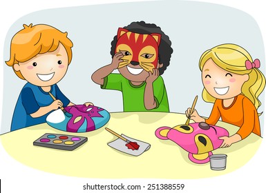 Illustration Of Kids Making Colorful Party Masks