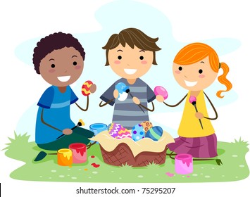 Illustration of Kids Making Easter Eggs