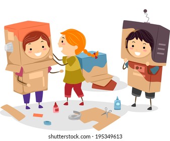 Illustration of Kids Making Makeshift Robots Using Cartons