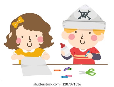 Illustration of Kids Making Paper Pirate Hats Using Glue, Crayons, Paper and Scissors