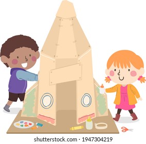 Illustration Of Kids Making Rocket Ship From Cardboard With Glue, Tape, Crayon And Paint