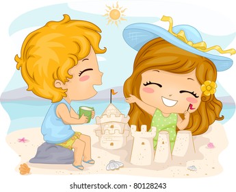 Illustration Of Kids Making Sand Castles