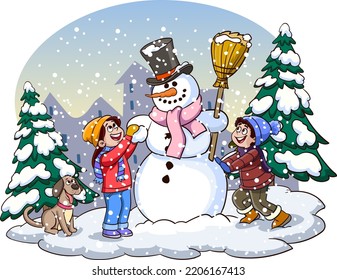 Illustration of Kids Making a Snowman