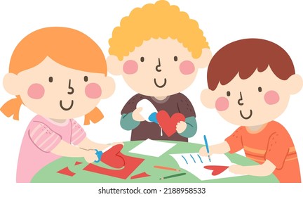 Illustration of Kids Making Valentines Cards with Heart Shapes Through Paper Crafting