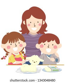 Illustration of Kids and Mother Making Carved Butter Lamb for Easter