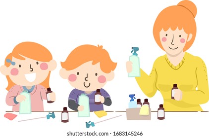 Illustration of Kids and Mother Making their Own Scented Cleaning Spray