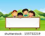 Illustration of the kids near the mountain with an empty signboard