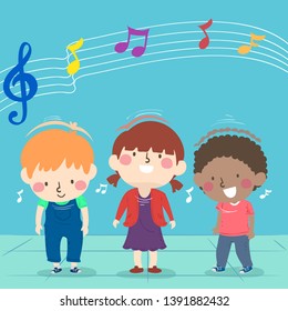 Illustration of Kids Nodding Their Heads to the Beat of the Music with Music Notes Above