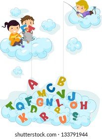 Illustration of Kids on Clouds fishing for Letters