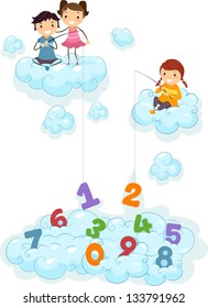 Illustration of Kids on Clouds fishing for Numbers