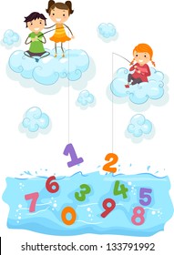 Illustration of Kids on Clouds fishing for Numbers at the Sea