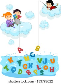 Illustration of Kids on Clouds fishing for Letters at the Sea