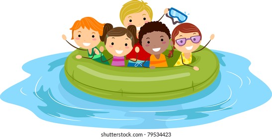 Illustration of Kids on an Inflatable Boat