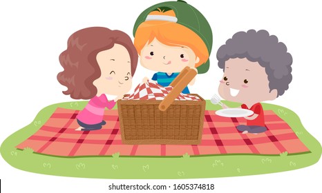 Illustration Of Kids On A Picnic Outdoors Taking Blanket Of The Basket