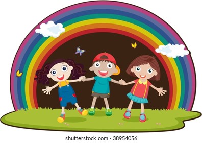 illustration of kids on rainbow background