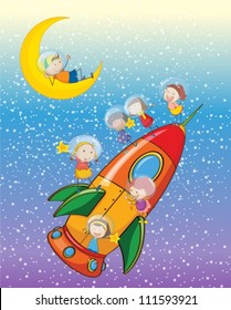 illustration of a kids on a rocket in the sky