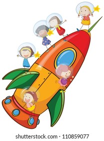 illustration of a kids on rocket on white background