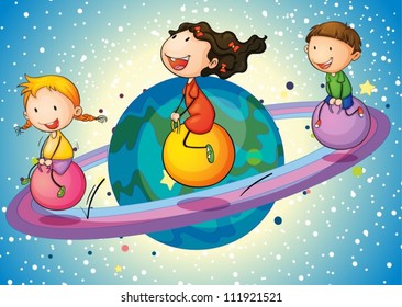 illustration of a kids on saturn planet in the universe