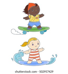 Illustration of a Kids on a Surfboard and Skateboard. Kawaii Children Set.