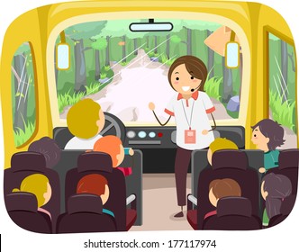 Illustration Of Kids On A Tour Bus Listening To Their Tour Guide