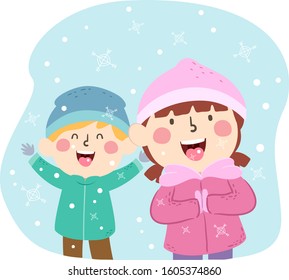 Illustration of Kids Outdoors During Winter Opening their Mouth and Tasting Snow