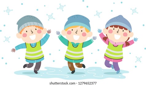 Illustration of Kids Outdoors Playing with Snow Wearing Winter Clothes