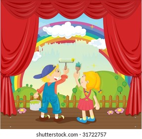 Illustration of kids painting rainbow on stage