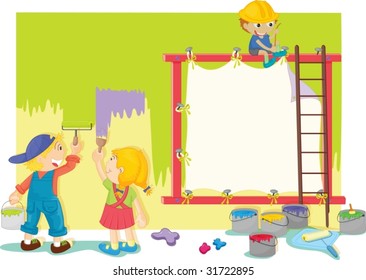 Illustration of kids painting the wall