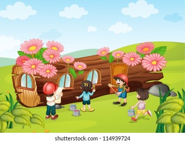 illustration of a kids painting wooden house in nature