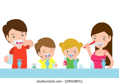 illustration of Kids with parents a Tooth,family take care of and clean a tooth. cartoon characters - Vector