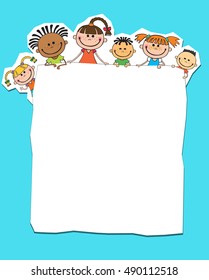 illustration of kids peeping behind banner blue color vector