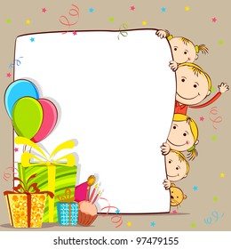 illustration of kids peeping behind birthday card with gift and balloon